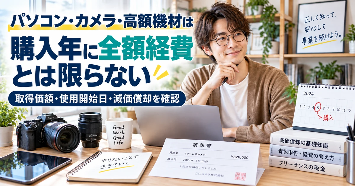 パソコン・カメラ・高額機材の経費処理と減価償却の確認点をアイキャッチと同じ人物・雰囲気で整理したARUKITO見出し画像