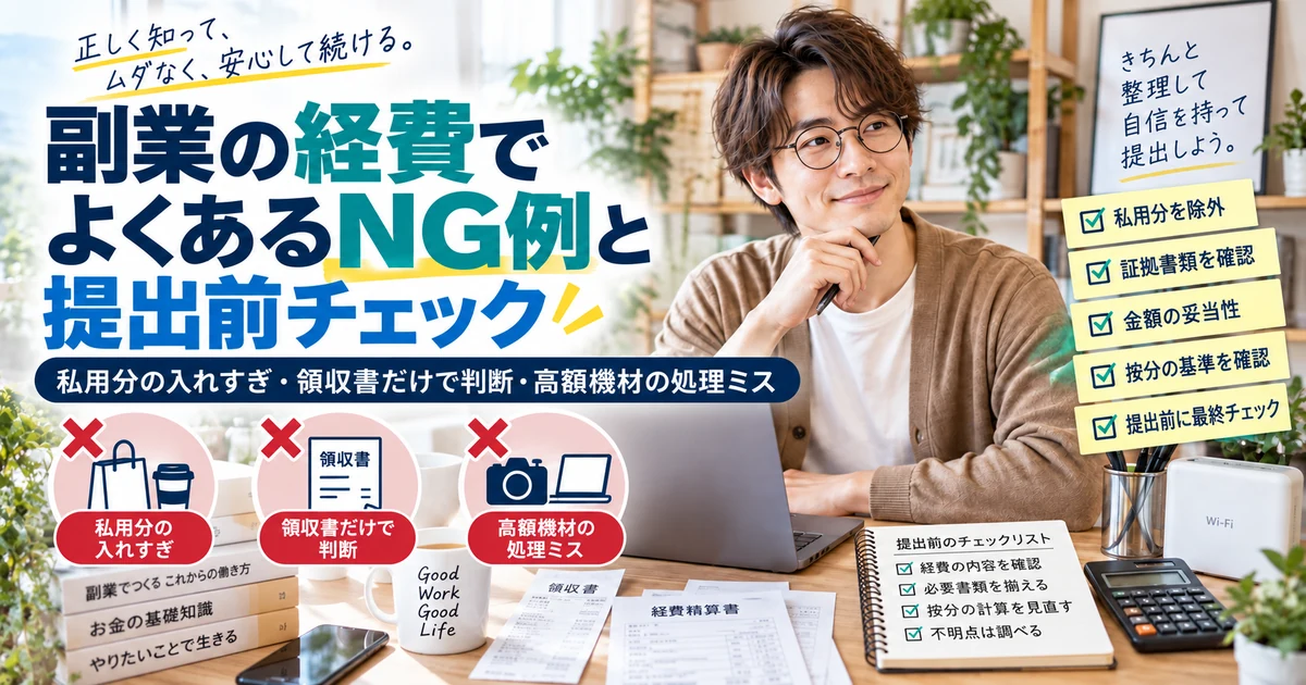 副業の経費でよくあるNG例と提出前チェックをアイキャッチと同じ人物・雰囲気で整理したARUKITO見出し画像