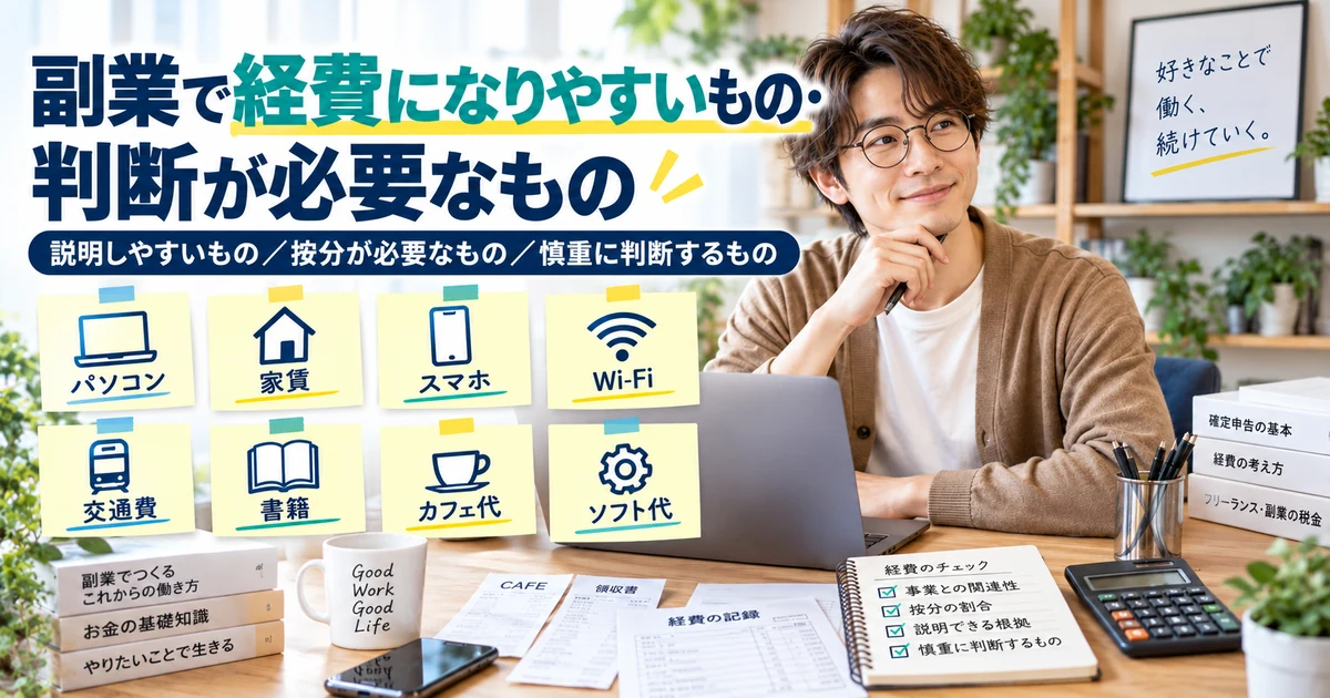 副業で経費になりやすいもの・判断が必要なものをアイキャッチと同じ人物・雰囲気で整理したARUKITO見出し画像