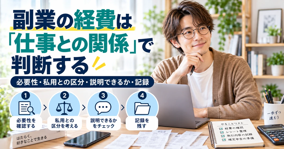 副業の経費を仕事との関係で判断する4ステップをアイキャッチと同じ人物・雰囲気で整理したARUKITO見出し画像