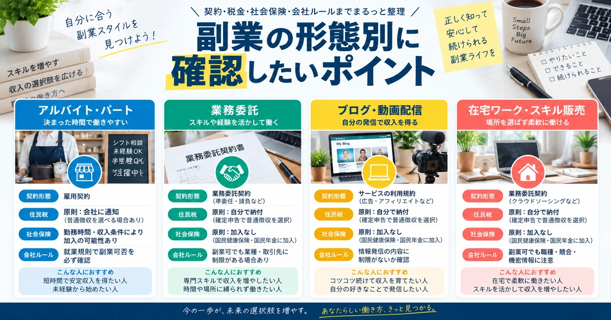 アルバイト・業務委託・ブログ動画・在宅ワークなど副業形態別の確認ポイントを整理したARUKITO見出し画像