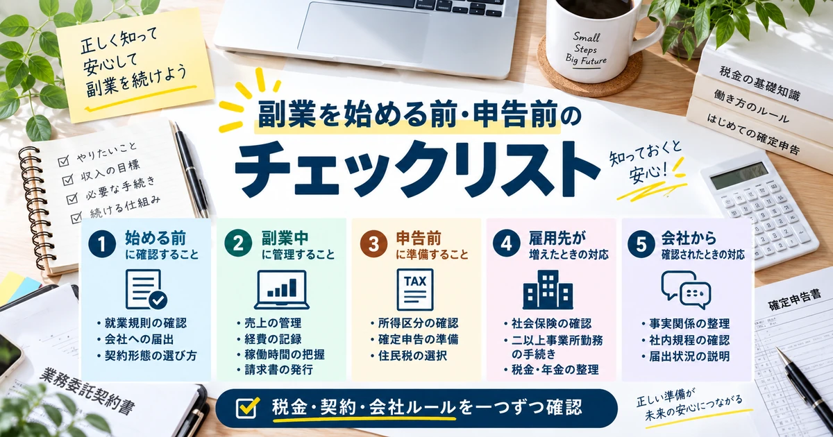 副業開始前・副業中・申告前・雇用先が増えた時・会社確認時のチェックリストを整理したARUKITO見出し画像