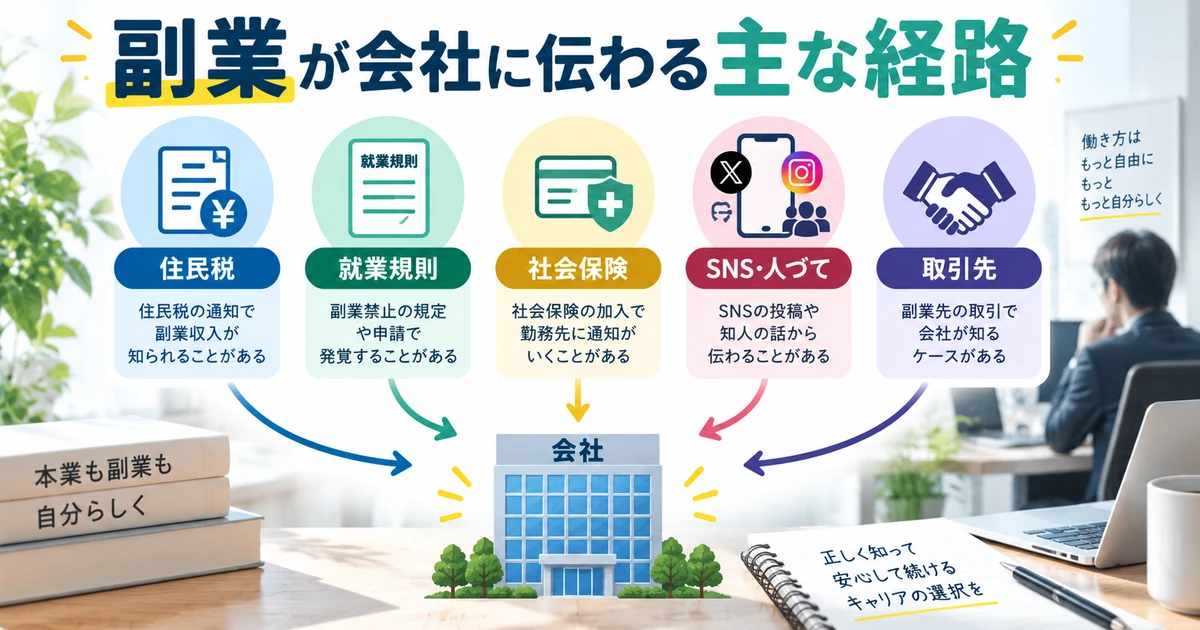 副業が会社に伝わる主な経路を住民税・就業規則・社会保険・SNSや人づて・取引先で整理したARUKITO見出し画像