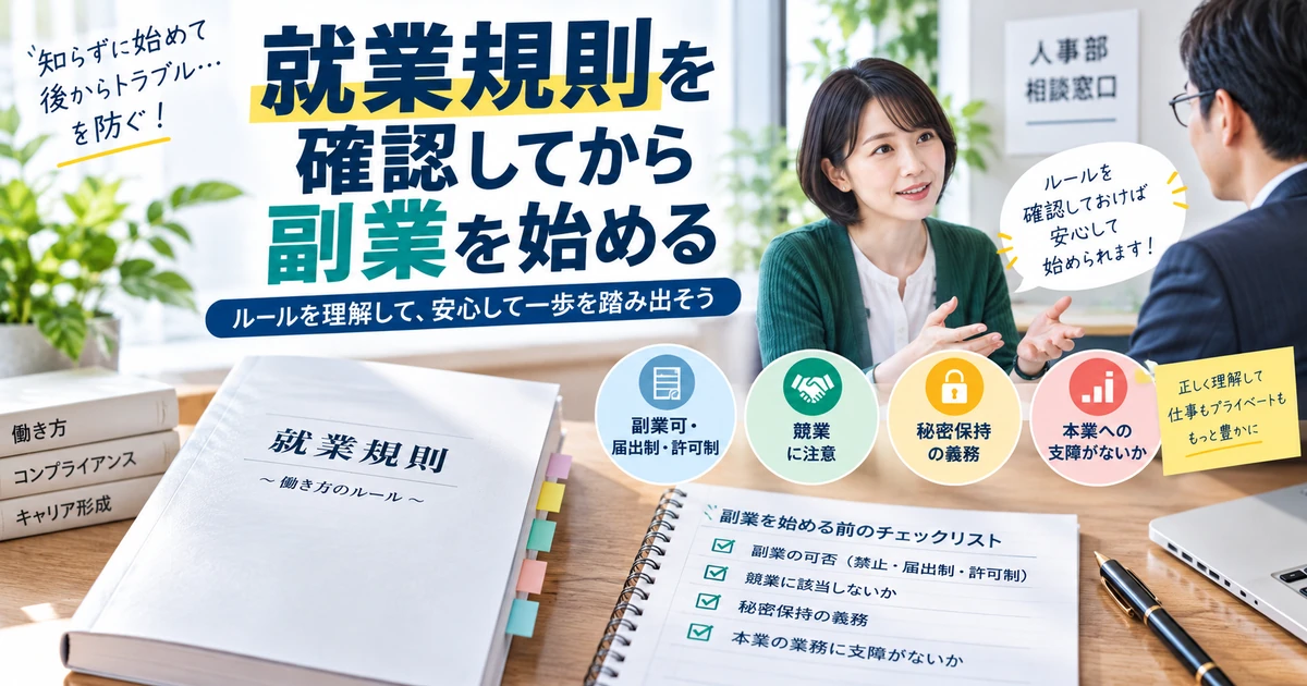副業を始める前に就業規則の副業可否・届出制・競業・秘密保持を確認するARUKITO見出し画像