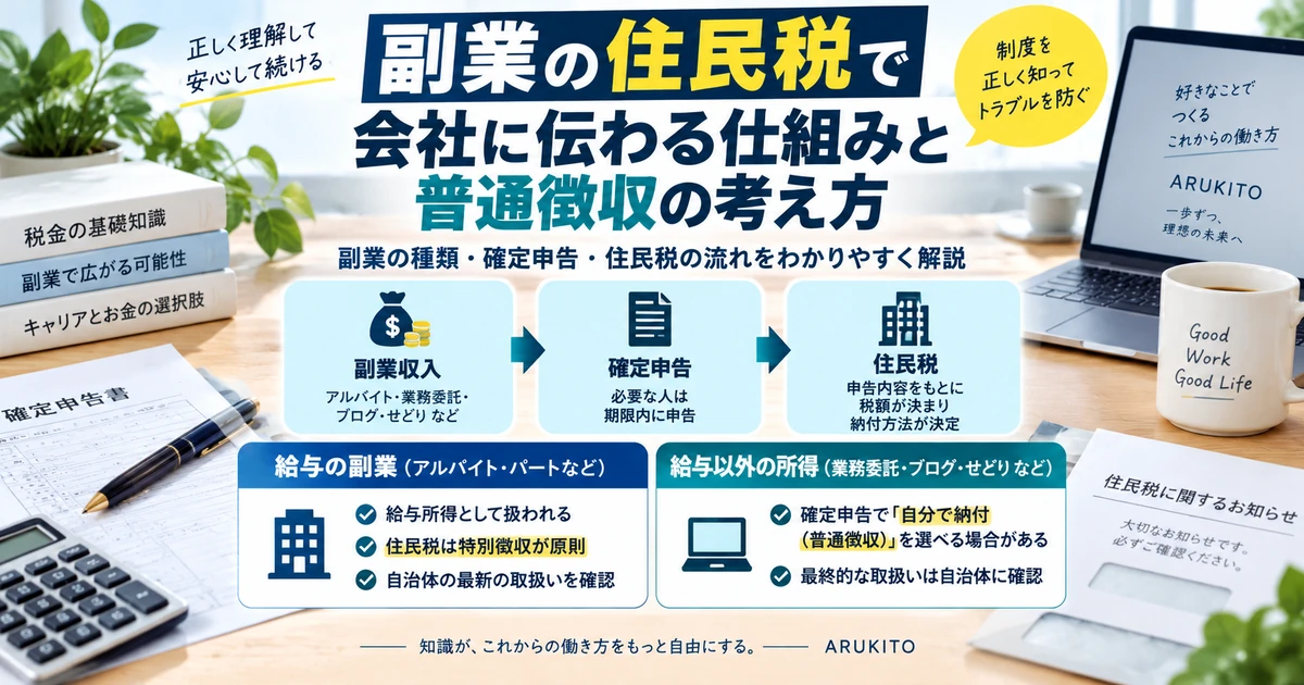 副業の住民税で会社に伝わる仕組みと普通徴収の考え方を整理したARUKITO見出し画像