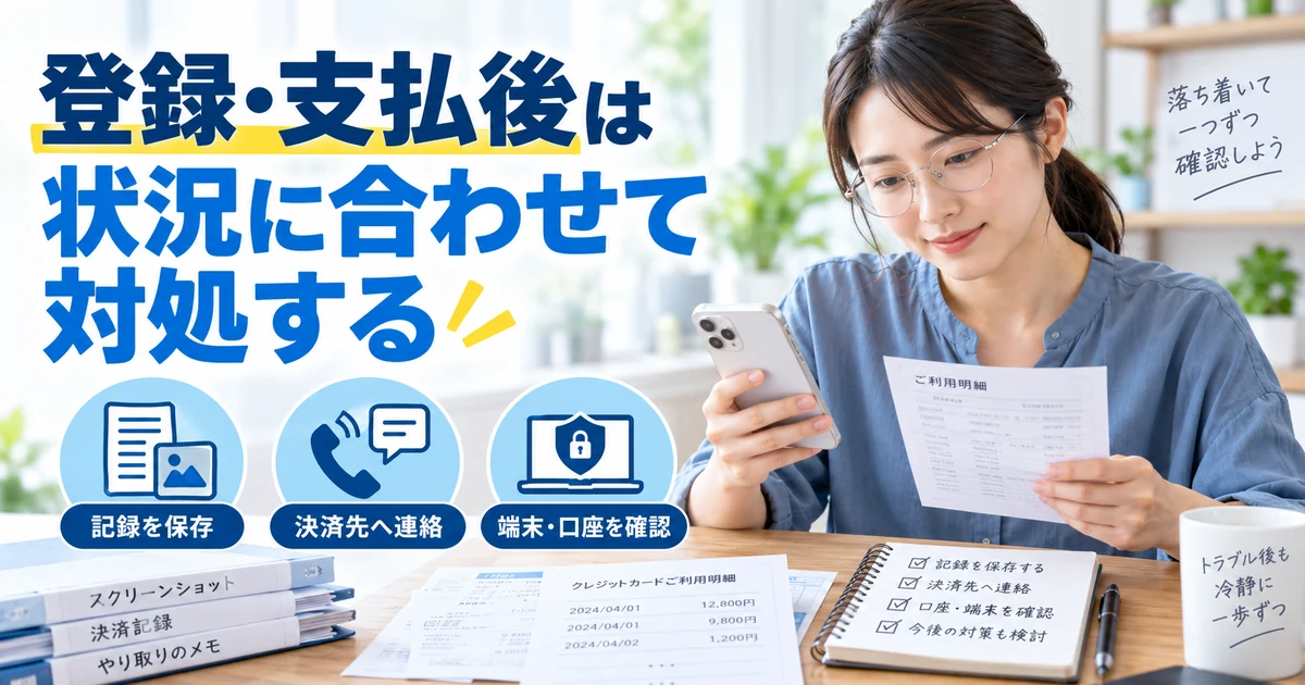 副業で登録・支払い後に記録保存・決済先連絡・端末や口座の確認を進める方法を整理したARUKITO見出し画像