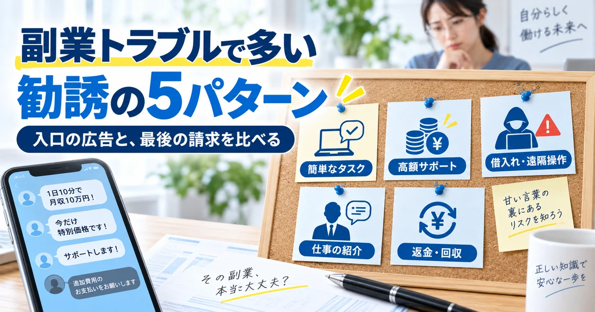副業トラブルで多い簡単タスク・高額サポート・借入れ遠隔操作・仕事紹介・返金回収の5パターンを整理したARUKITO見出し画像