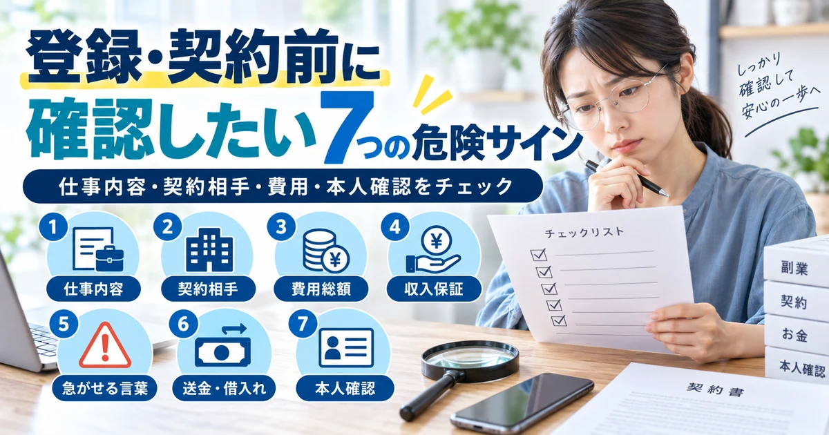 副業の登録・契約前に確認したい仕事内容・契約相手・費用・収入保証・急かす言葉・送金借入れ・本人確認の7つの危険サインを整理したARUKITO見出し画像
