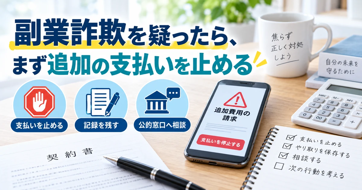 副業詐欺を疑ったときに追加の支払いを止め、記録を残し、公的窓口へ相談する流れを整理したARUKITO見出し画像