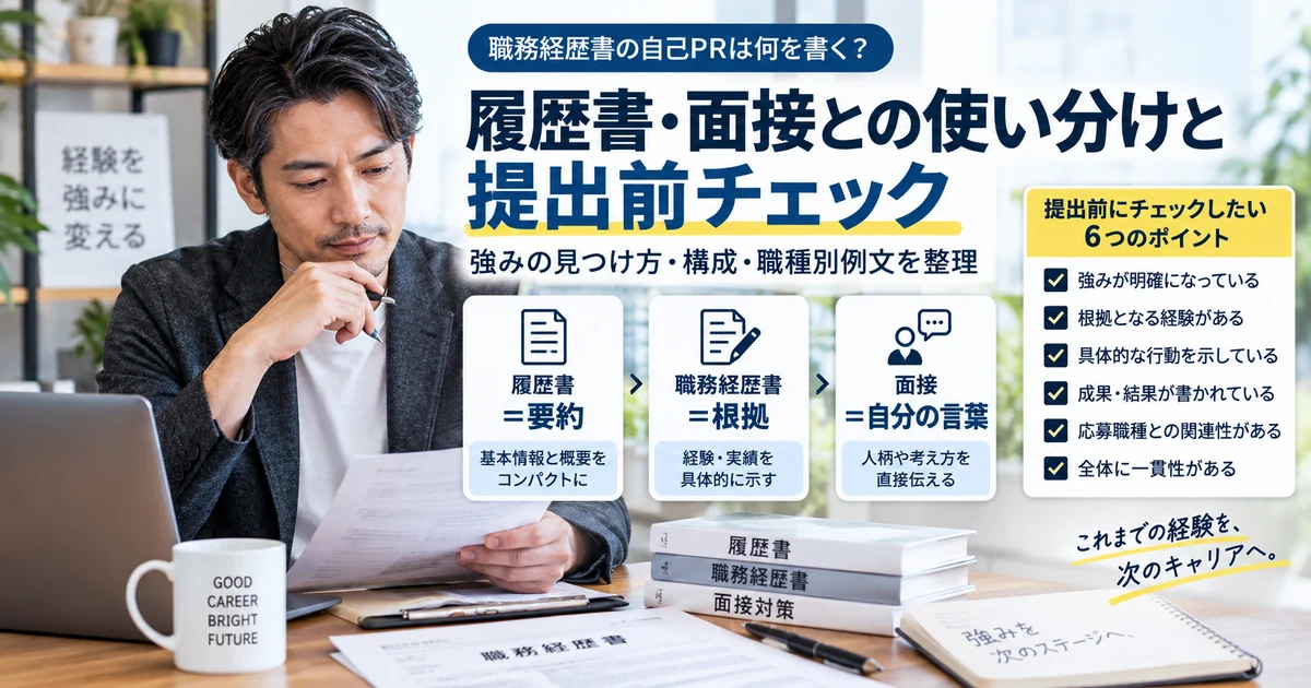 履歴書・職務経歴書・面接での自己PRの使い分けと提出前チェックを整理した見出し画像