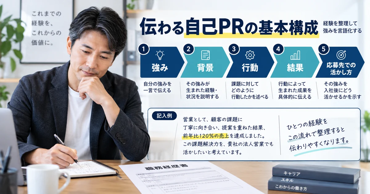 職務経歴書の自己PRを強み・背景・行動・結果・応募先での活かし方の順で組み立てる見出し画像