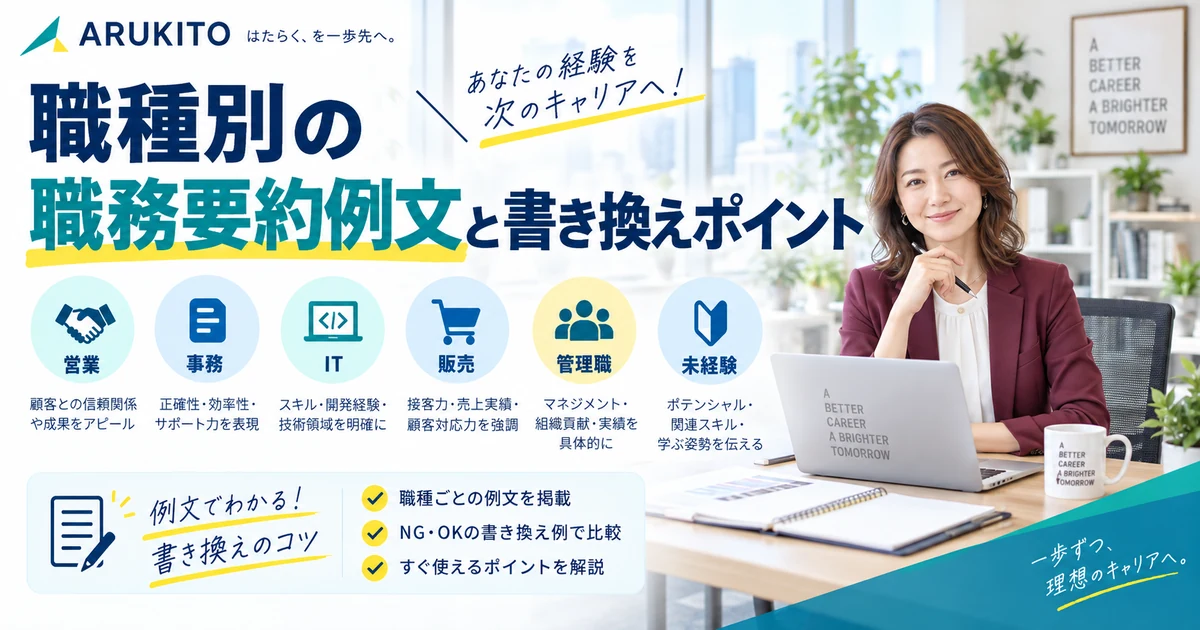 営業・事務・IT・販売・管理職・未経験の職務要約例文と書き換えポイントを整理したARUKITO見出し画像