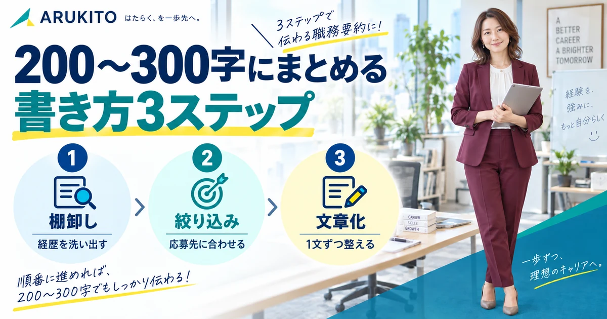 職務要約を棚卸し・絞り込み・文章化の3ステップで200〜300字にまとめる方法を示したARUKITO見出し画像