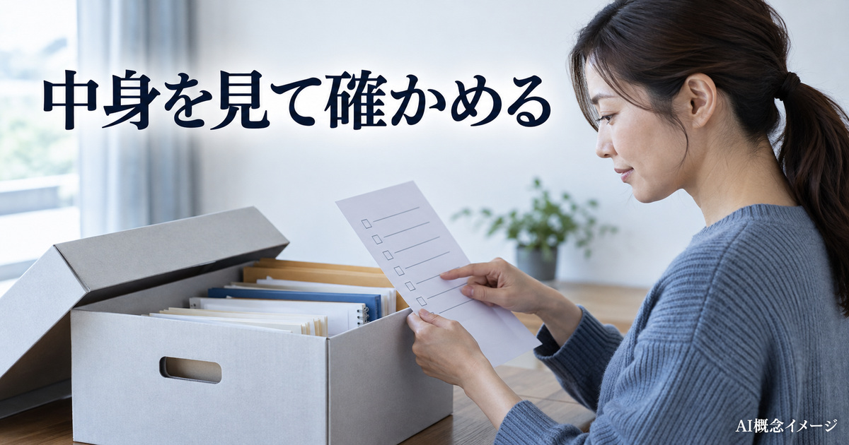書庫の中身と点検用紙を見比べるAI概念イメージ