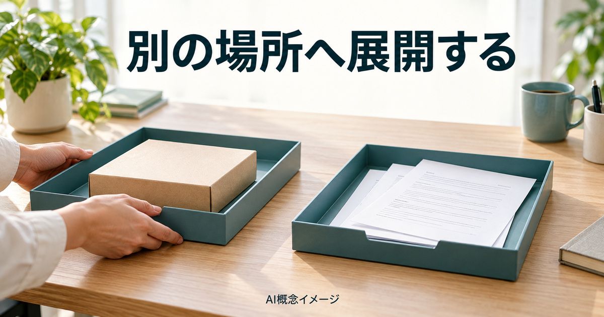 書庫と展開先を分ける二つのトレーのAI概念イメージ