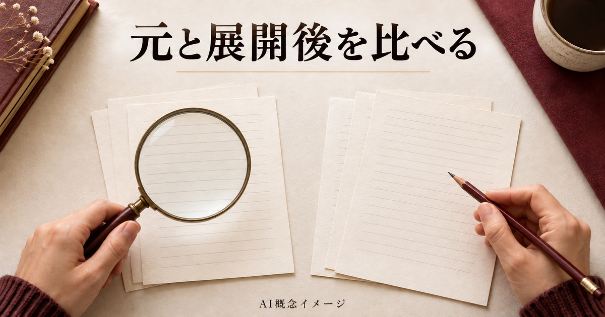 元資料と展開後の資料を見比べる紙と虫眼鏡のAI概念イメージ