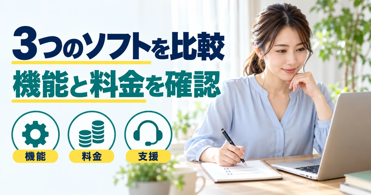 会計ソフトの情報を比較する成人女性と、機能・料金・支援を確認する図