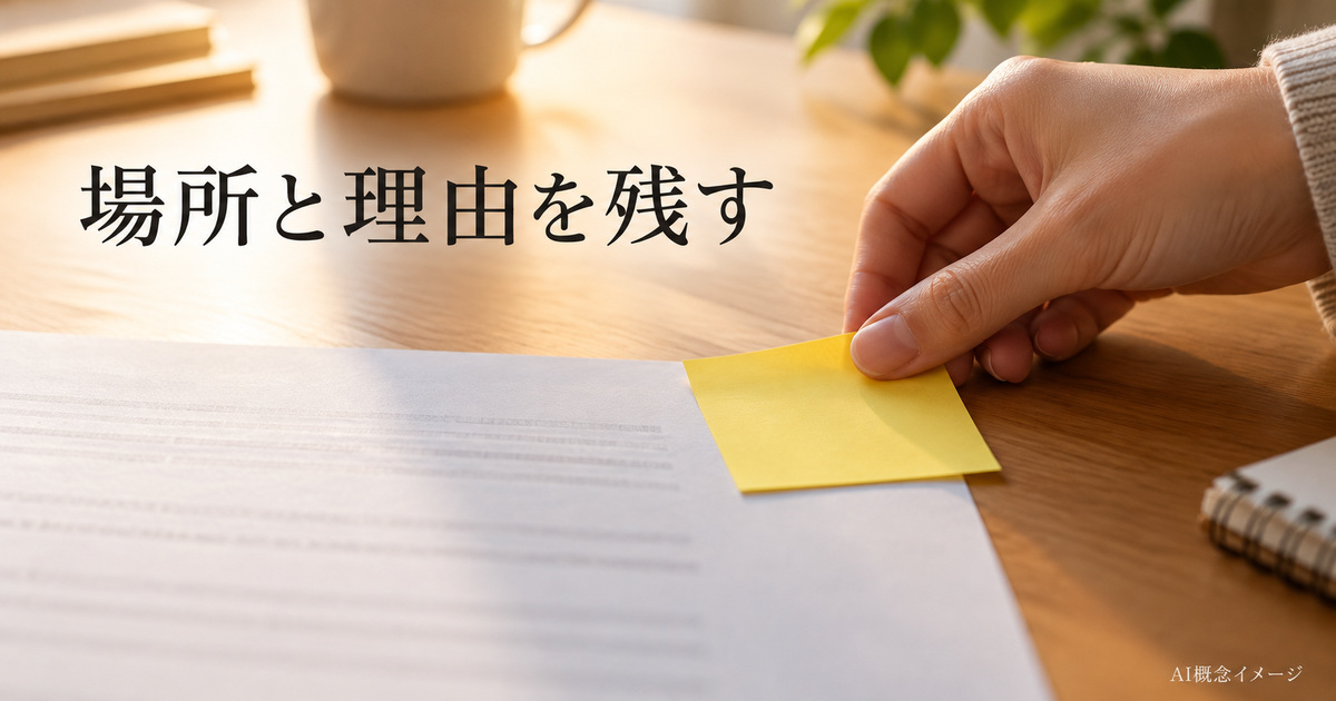 資料の確認箇所へ付箋を置くAI概念イメージ