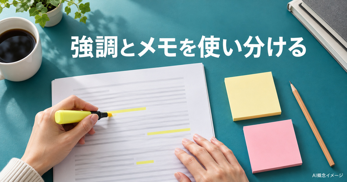 強調と説明を分けるマーカーと付箋のAI概念イメージ