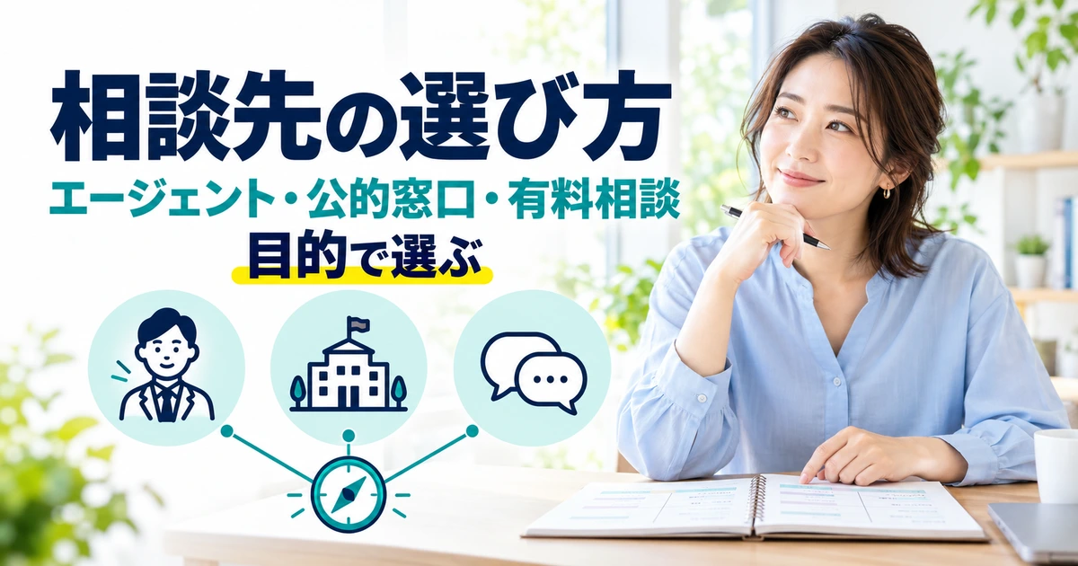 エージェント、公的窓口、有料相談の3つから目的に合わせて相談先を選ぶイメージ