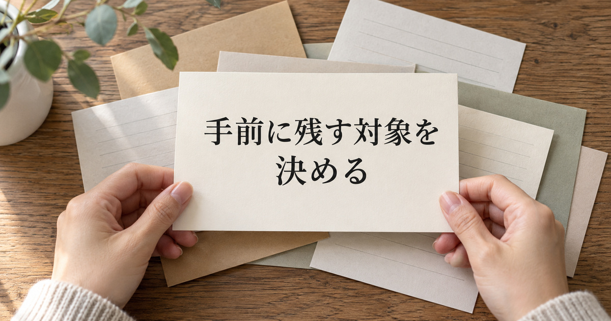 手前に残す資料を選ぶカードのAI概念イメージ