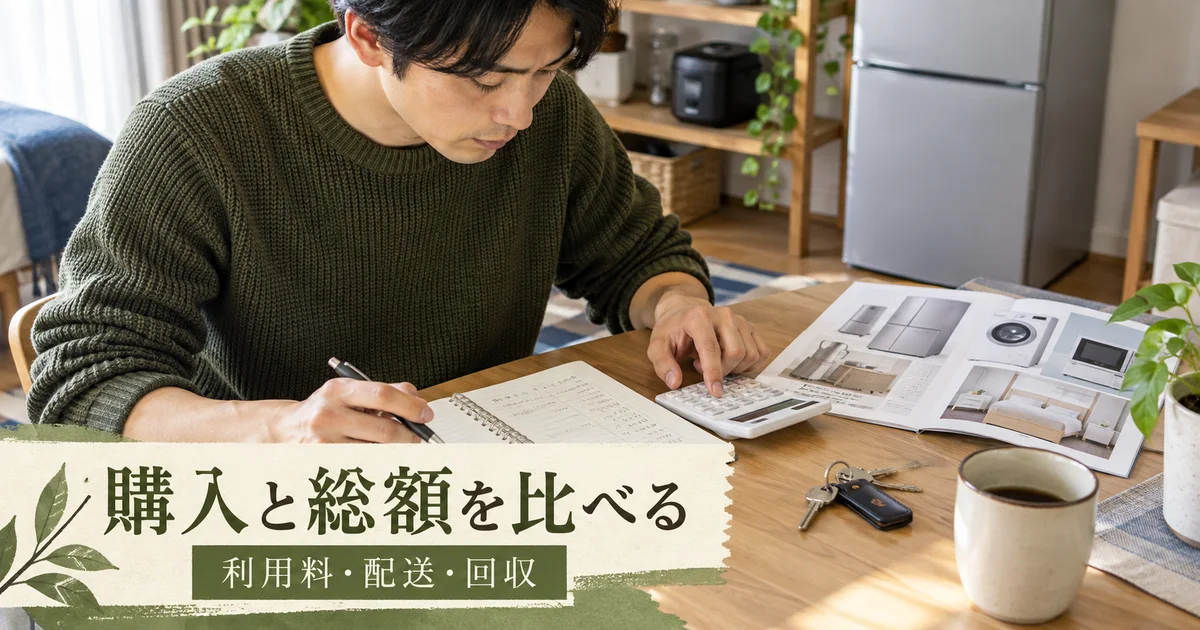 電卓と商品資料を使って購入とレンタルの費用を比較する男性