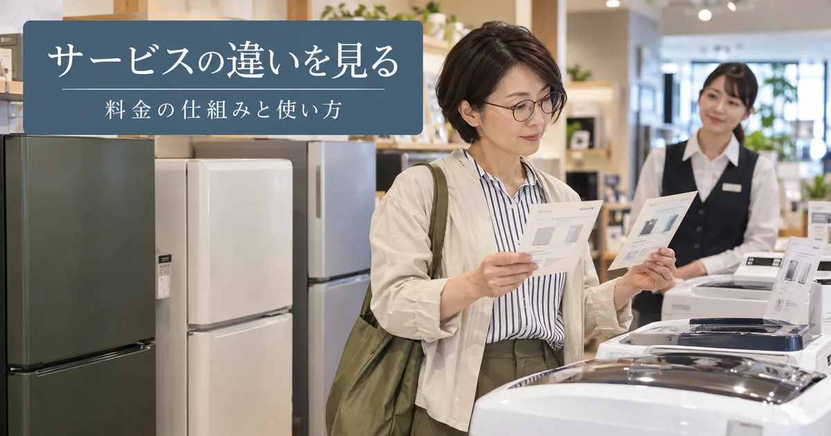 家電売場で冷蔵庫や洗濯機の情報を比較する女性