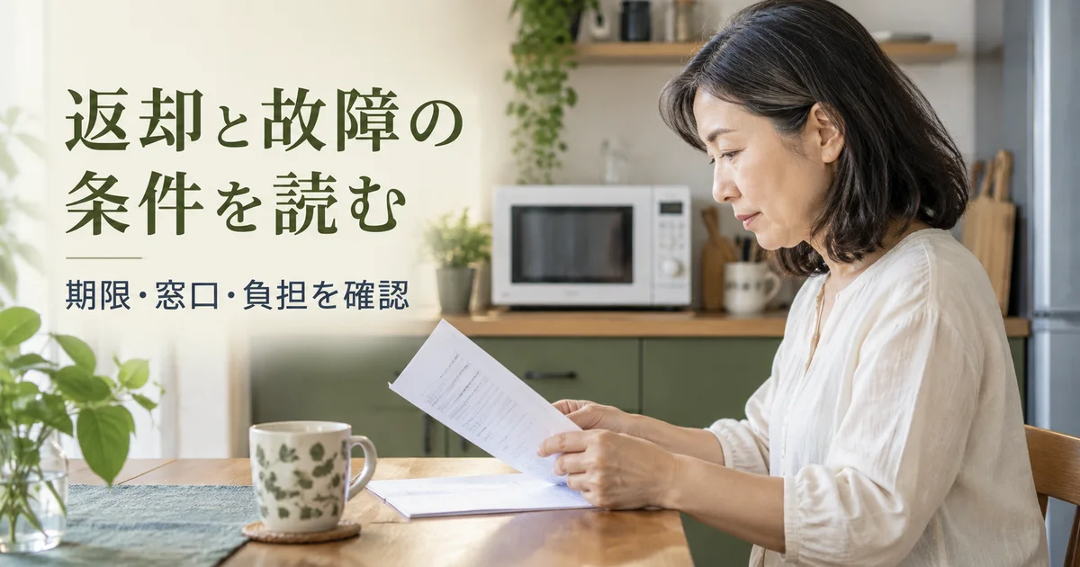 台所でレンタルの返却と故障に関する条件を読む女性