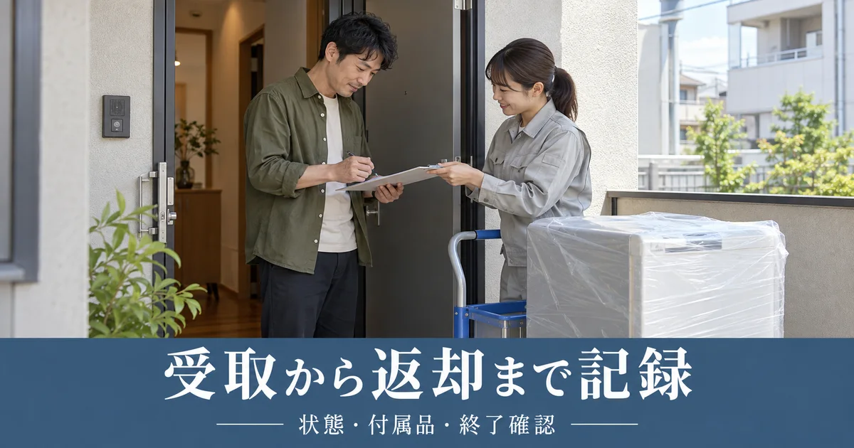 住居の入口で家電の受取書類を確認する男性と配送担当者