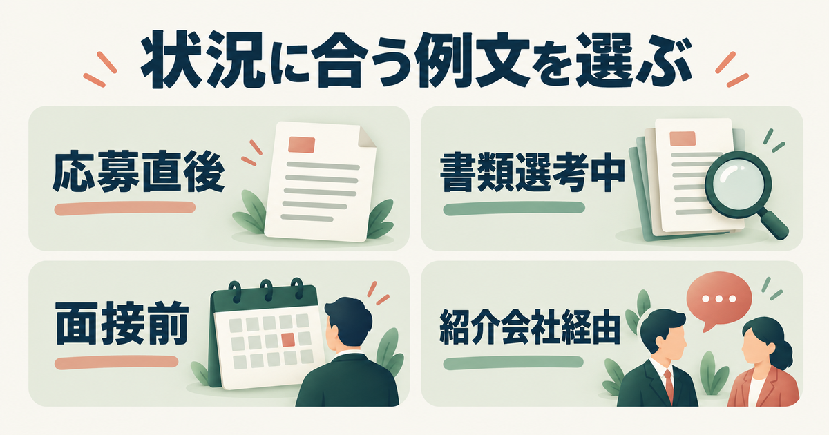 応募直後、書類選考中、面接前、紹介会社経由から自分に合う例文を選ぶ場面カード