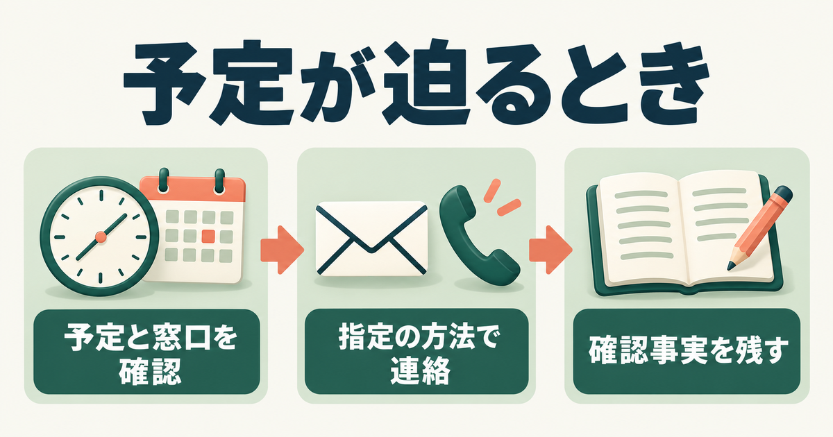 予定と窓口の確認、指定された方法での連絡、確認できた事実の記録という3段階