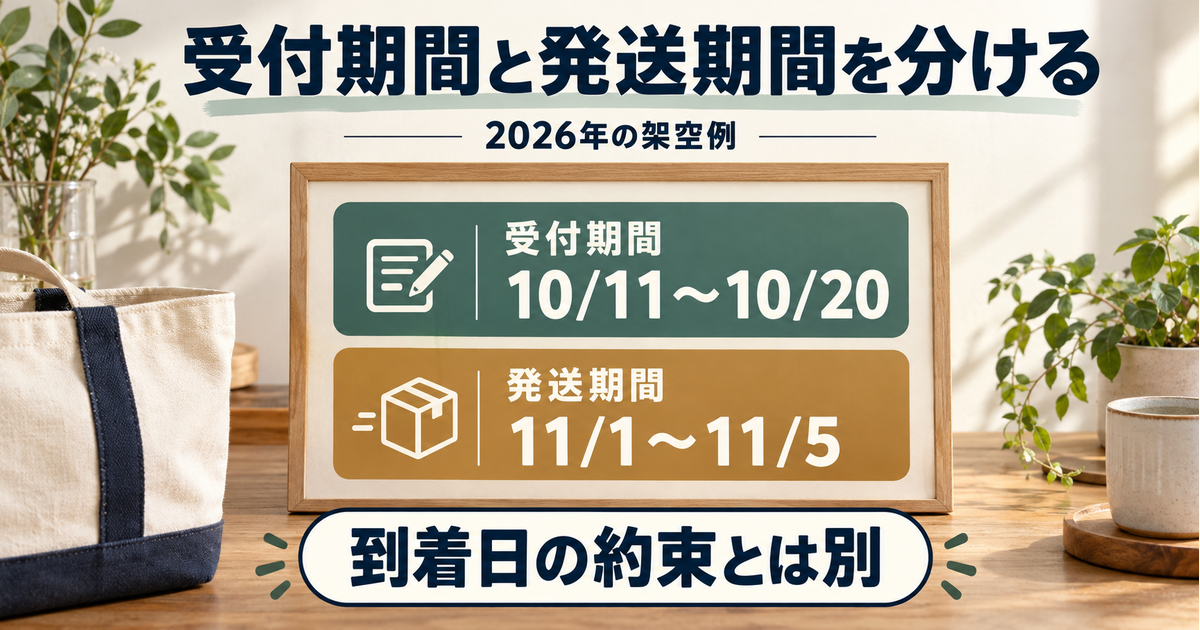2026年の架空例として受付期間10月11日から20日と発送期間11月1日から5日を二段の予定帯で分けた図