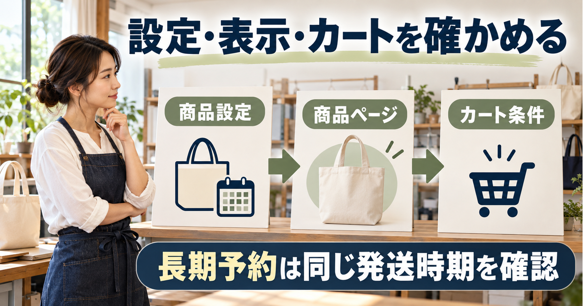 布バッグの商品設定、商品ページの表示、カート条件を三つに分け、長期予約の同時購入条件を確認する図