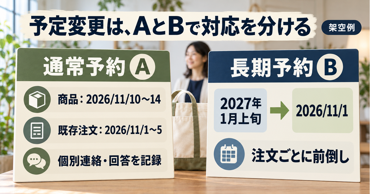 通常予約Aは商品日程の変更後も既存注文に旧情報が残るため個別連絡し、長期予約Bは注文ごとの前倒しを行う対比図