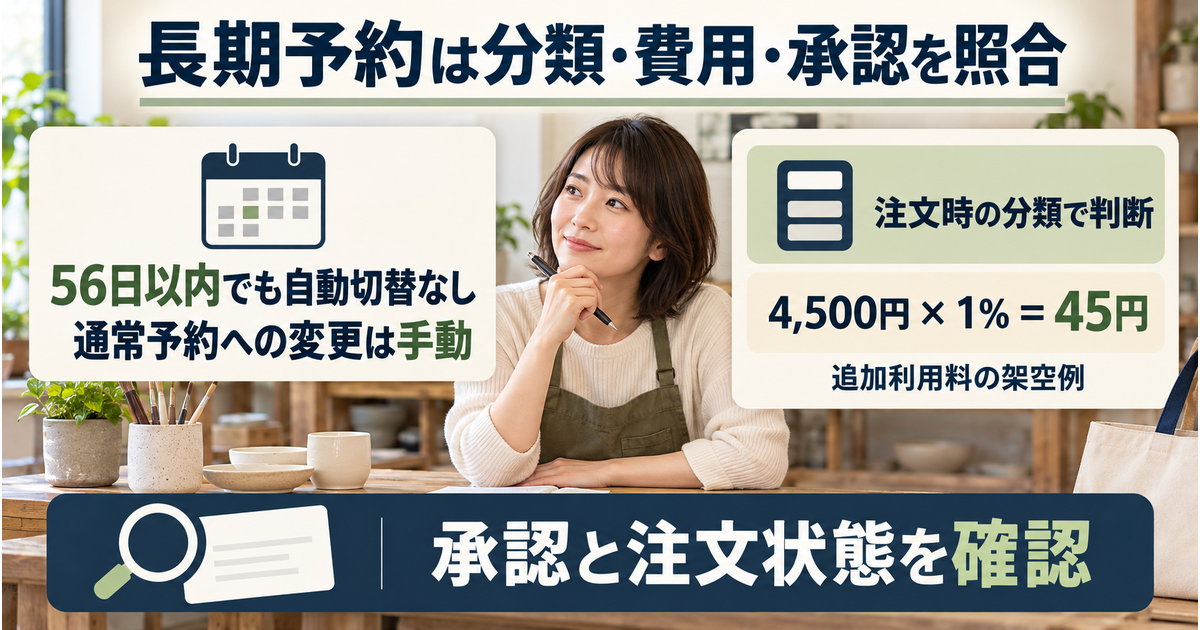 長期予約の手動切替、注文時の分類による追加利用料45円の架空例、発送前の承認と注文状態を独立して確認する図