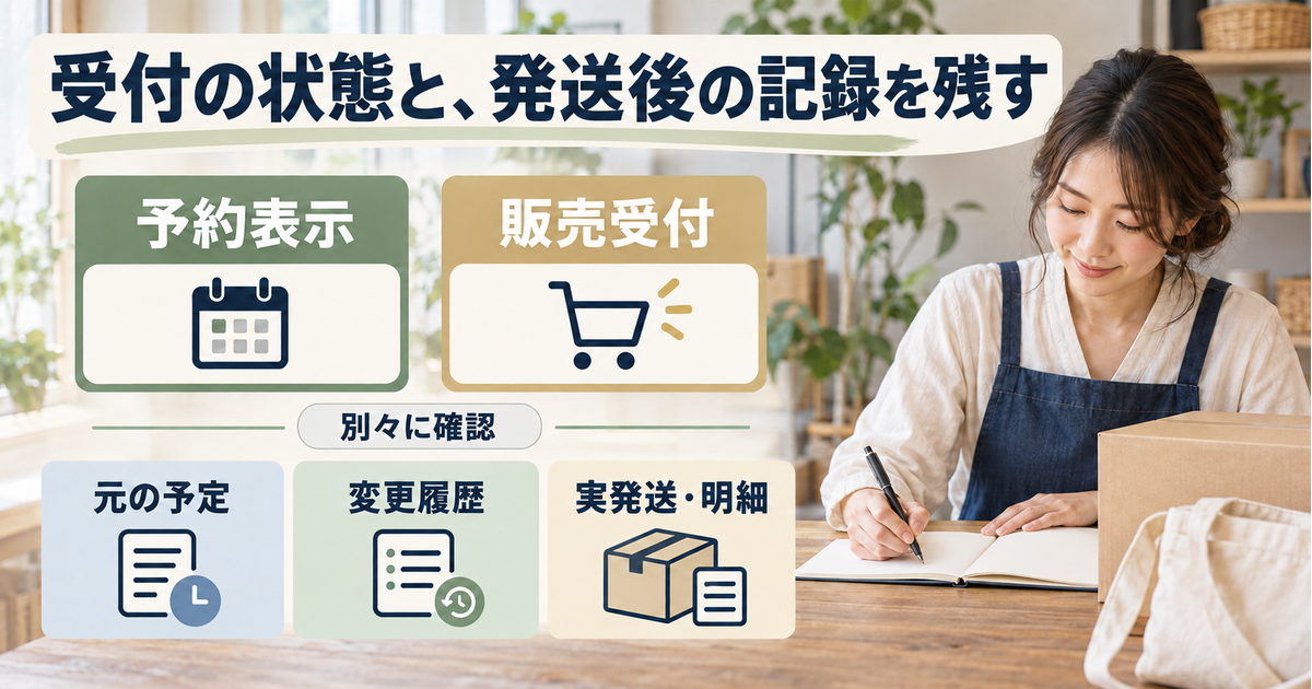 予約表示と販売受付を別々に確認し、元の予定、変更履歴、実発送と明細を分けて残すショップ運営者の記録図