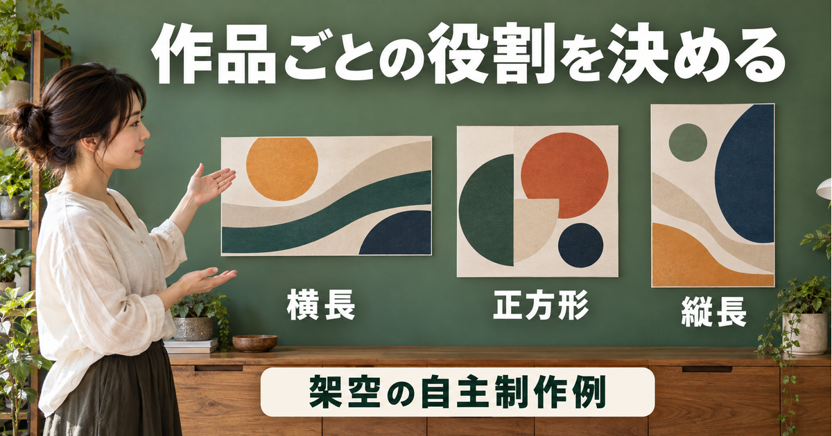 横長・正方形・縦長の架空の自主制作例について、作品ごとの役割を考える