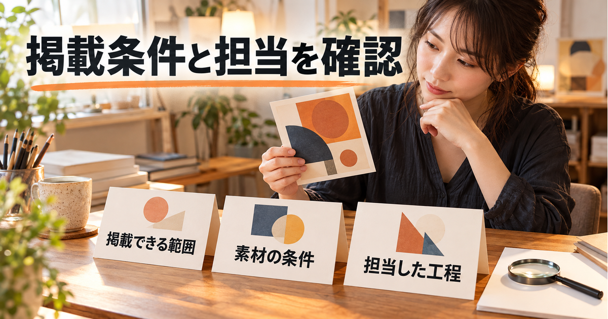 作品の掲載できる範囲、素材の利用条件、自分が担当した工程を確認する