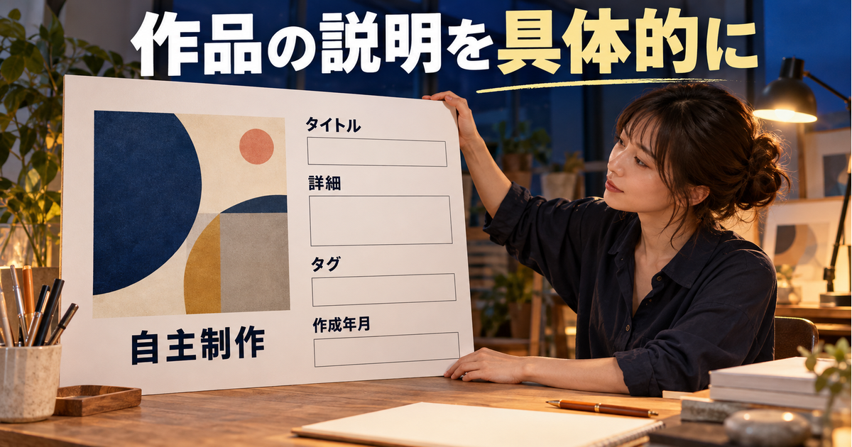 自主制作の作品カードにタイトル・詳細・タグ・作成年月の説明を準備する