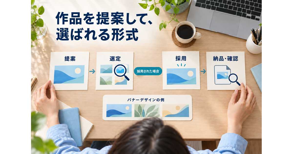 バナーデザインの提案と選定の後、採用された場合だけ納品と確認へ進む条件付きの流れ