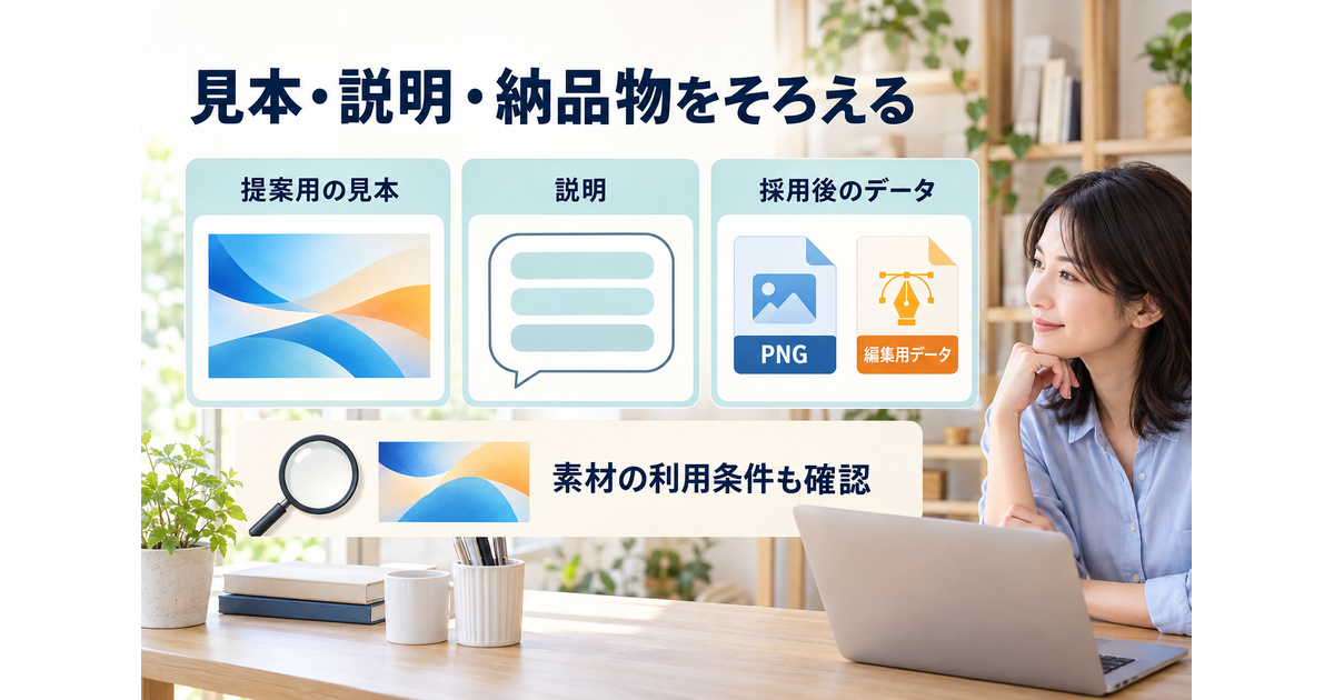 提案用の見本、説明、採用後に渡すPNGと編集用データを別々に並べ、素材の利用条件を確認する図