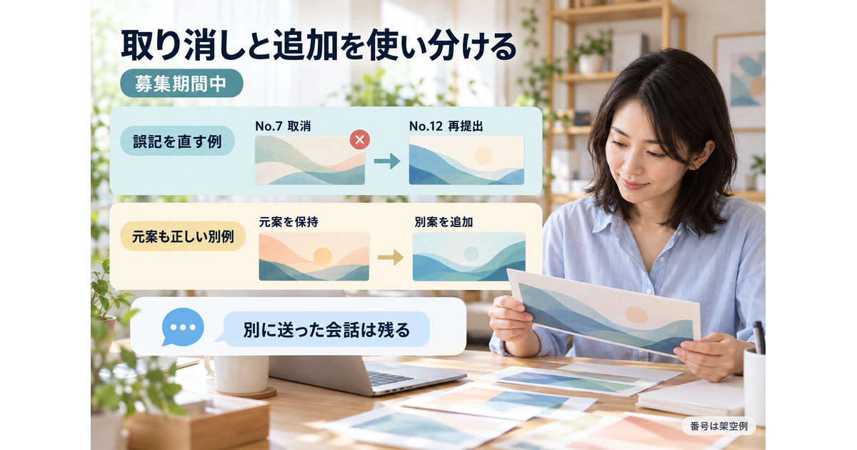 募集期間中の誤記訂正はNo.7を取り消してNo.12を再提出し、正しい元案を残す追加提案は別の例として示す図