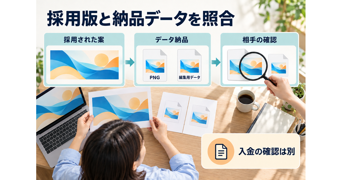採用されたバナー案とPNG・編集用データを照合して納品し、相手の確認と口座入金を別に確認する図