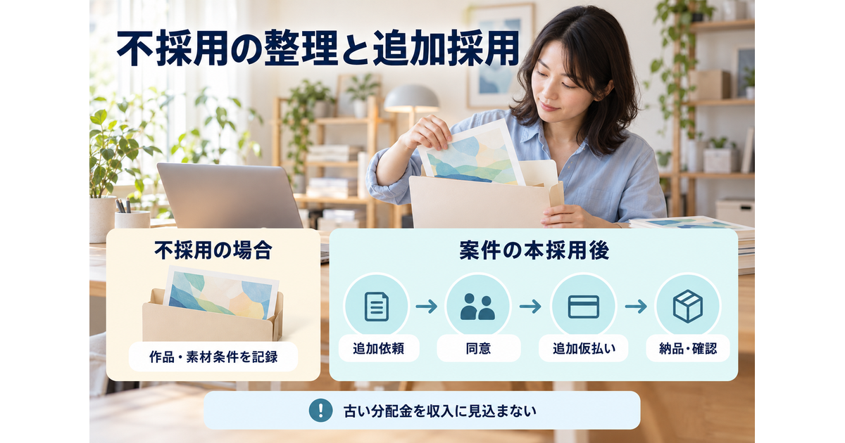 不採用作品の記録と素材条件の確認を別枠に置き、案件の本採用後に追加依頼・同意・追加仮払い・納品確認へ進む流れ