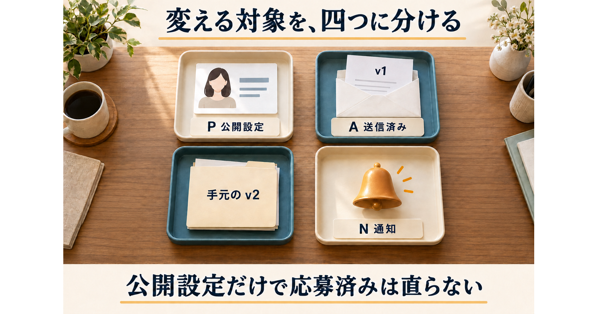 公開設定P、求人Aへ送信済みのv1、手元のv2、通知Nを独立した四つの箱として整理する図