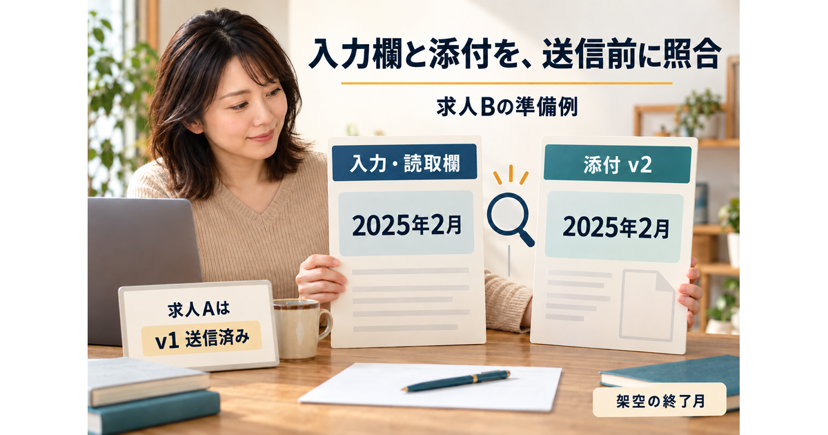 これから応募する求人Bの入力・読取欄と添付v2の終了月を2025年2月で照合し、求人Aへ送信済みのv1を別に残す図