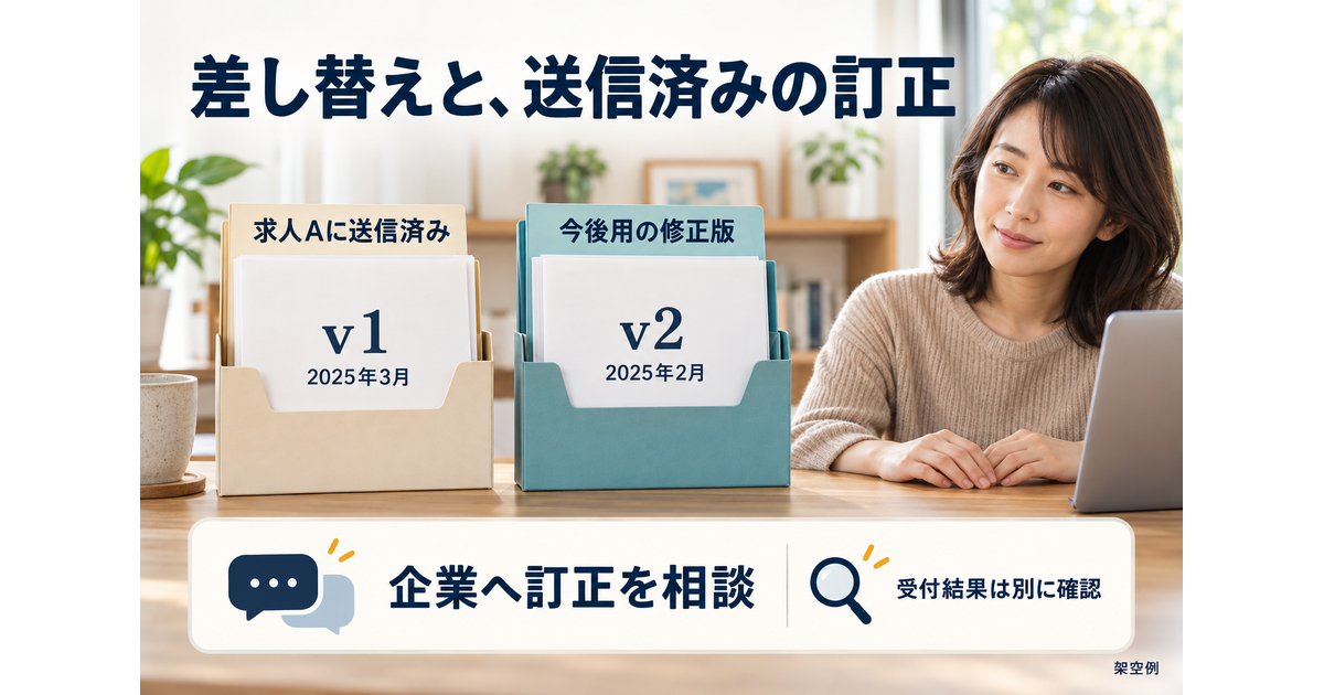 求人Aへ送信済みのv1は2025年3月のまま別に残し、今後用v2を2025年2月へ直したうえで企業へ訂正を相談する図