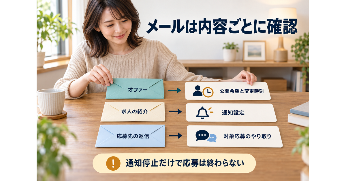 オファーは公開希望と変更時刻、求人紹介は通知設定、応募先の返信は対象応募のやり取りへ分けて確認する図