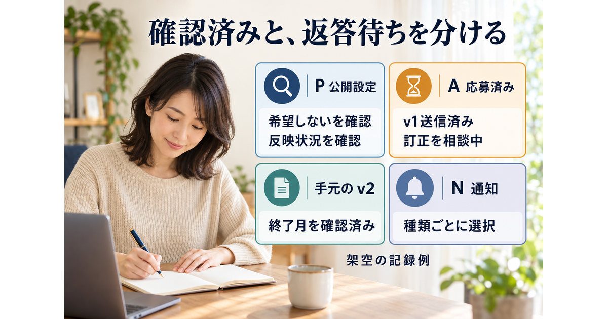 公開設定の反映確認、求人Aの訂正相談中、手元v2の終了月確認済み、通知の種類別選択を異なる状態で記録した図