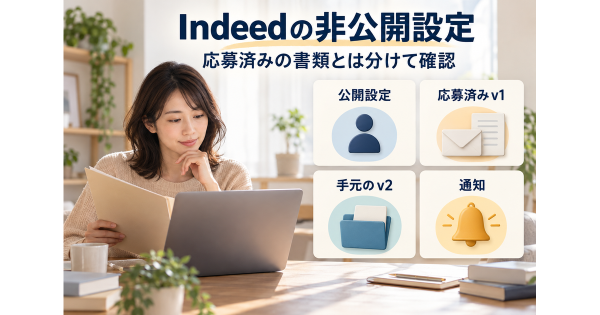 仕事を探す人の机に公開設定、応募済みのv1、手元のv2、通知を独立したカードで並べた図